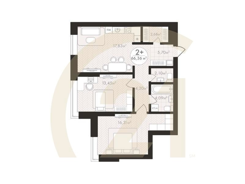 2-комн, 66.36 м², 2-4 этаж