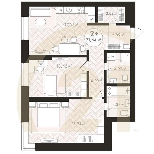 2-комн, 71.64 м², 9-23 этаж