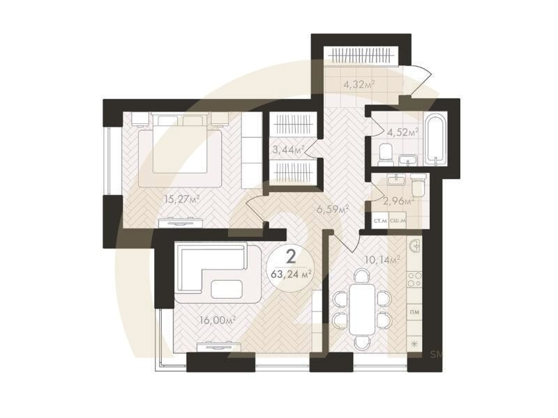 2-комн, 63.24 м², 14-15 этаж