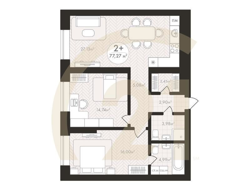 2-комн, 77.27 м², 24 этаж