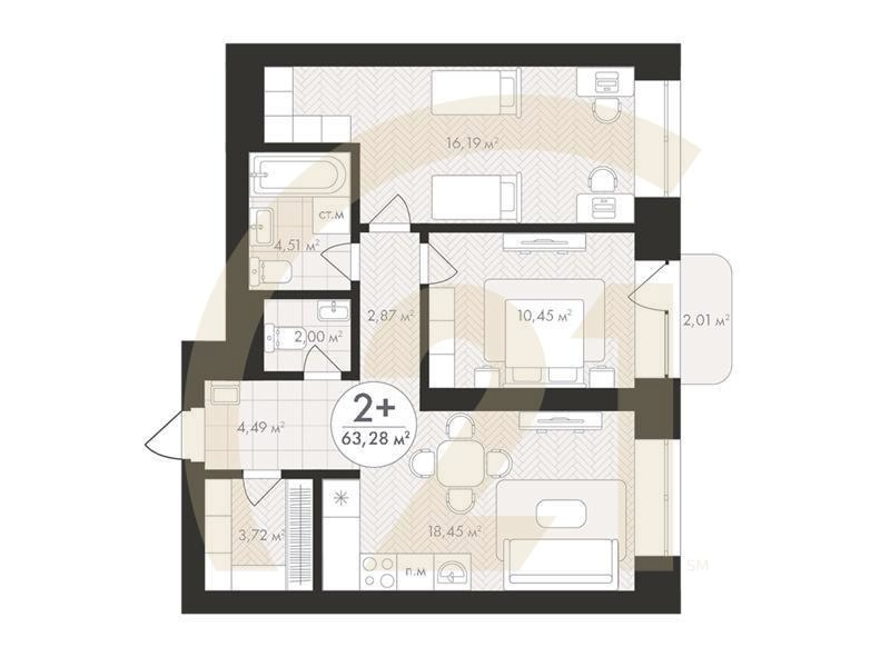 2-комн, 63.28 м², 4-10 этаж
