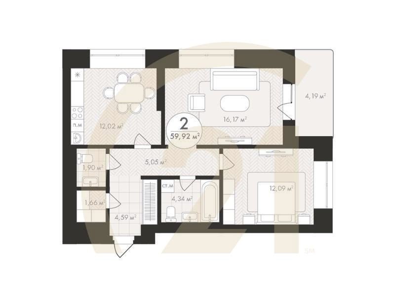 2-комн, 59.92 м², 6-14 этаж
