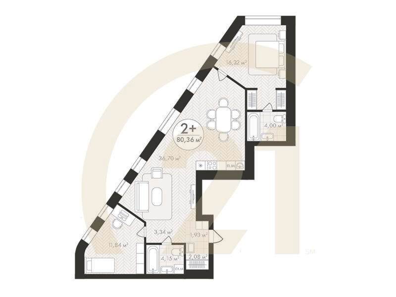 2-комн, 80.36 м², 12-18 этаж