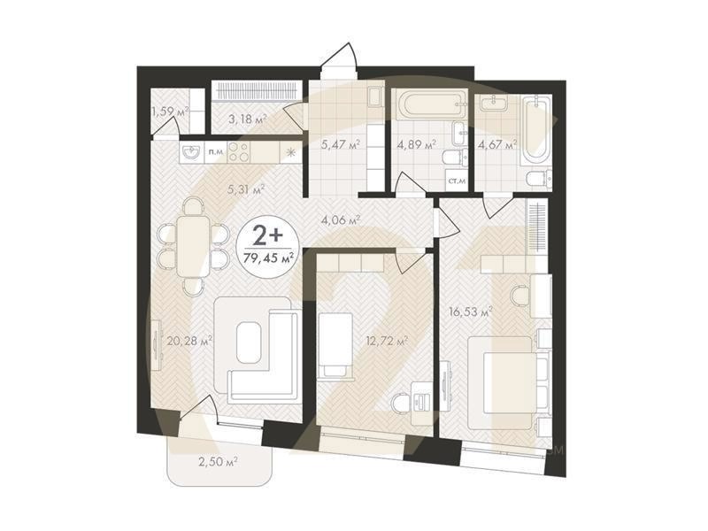 2-комн, 79.45 м², 3-5 этаж