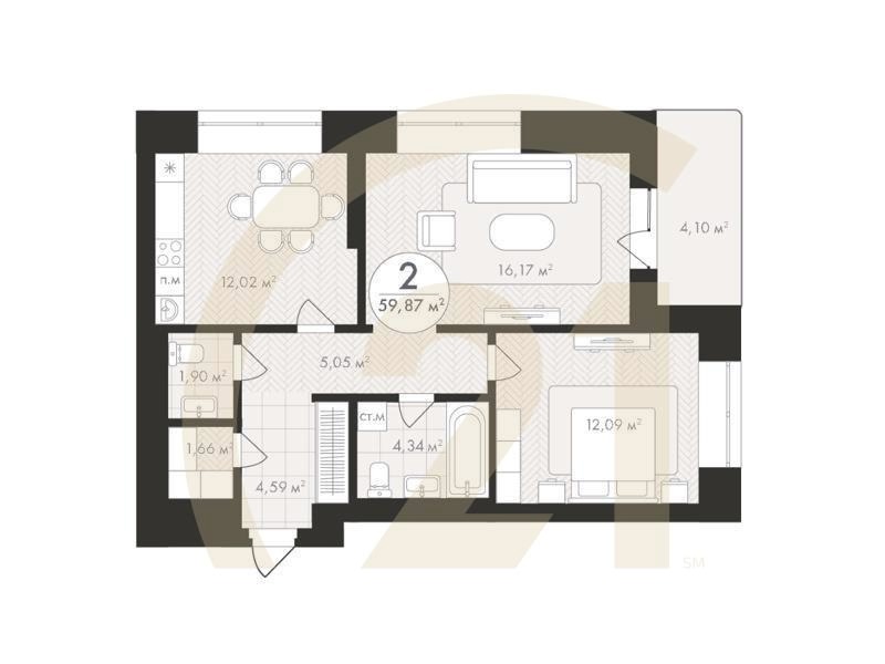 2-комн, 59.87 м², 15-18 этаж
