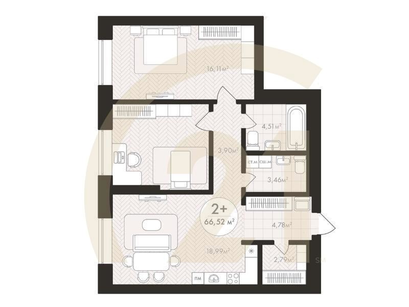 2-комн, 66.52 м², 2-9 этаж