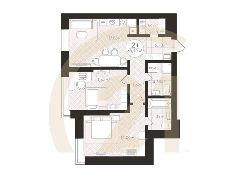 2-комн, 68.2 м², 6 этаж