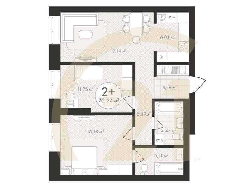 2-комн, 70.27 м², 4-18 этаж