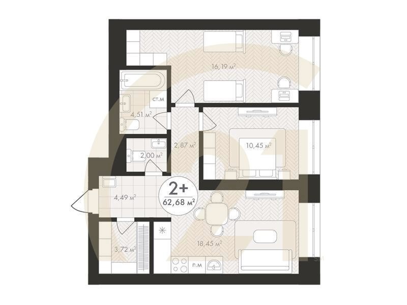 2-комн, 62.68 м², 11-18 этаж
