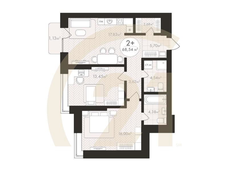 2-комн, 68.54 м², 5 этаж