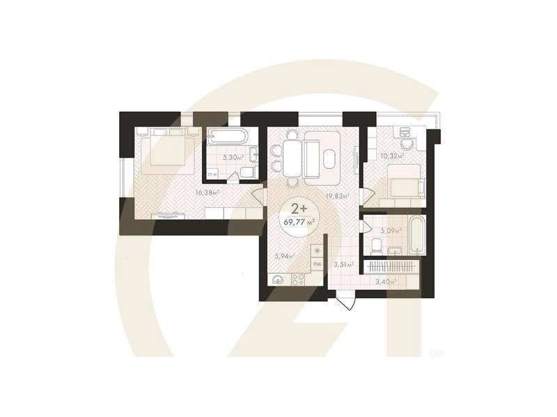 2-комн, 69.77 м², 2-23 этаж