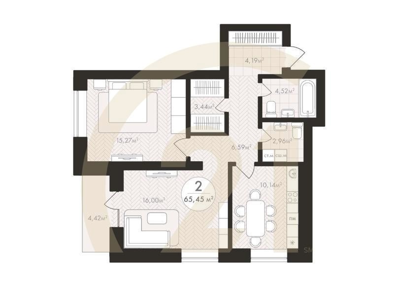 2-комн, 65.45 м², 17-22 этаж