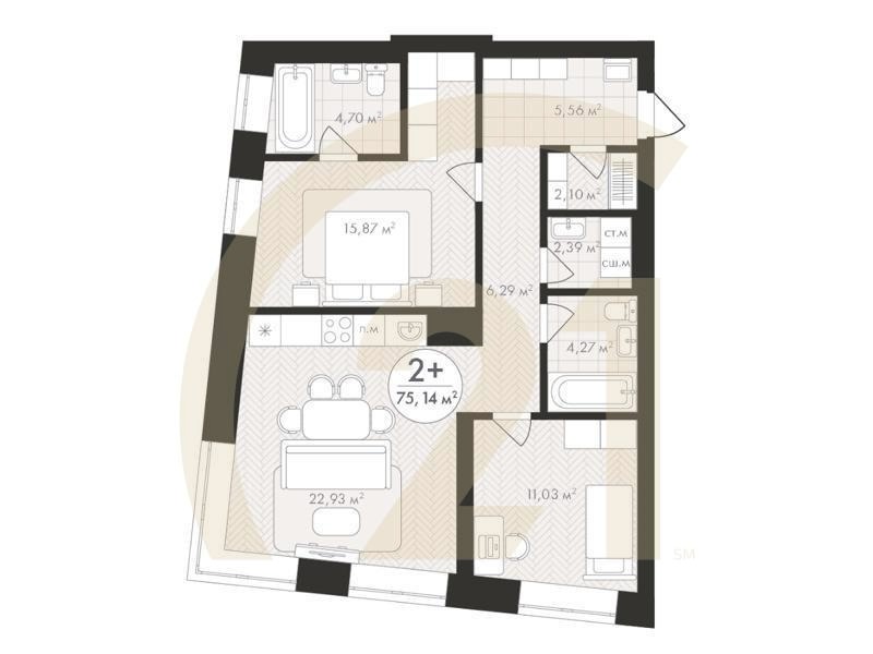 2-комн, 75.14 м², 5 этаж