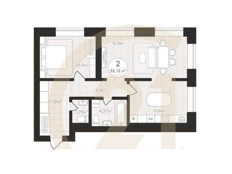 2-комн, 55.12 м², 2-6 этаж