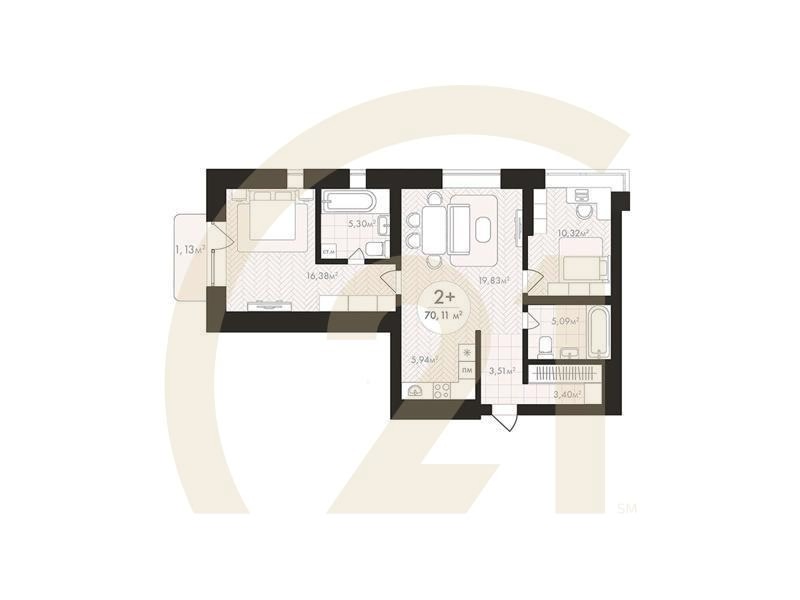 2-комн, 70.11 м², 3-7 этаж