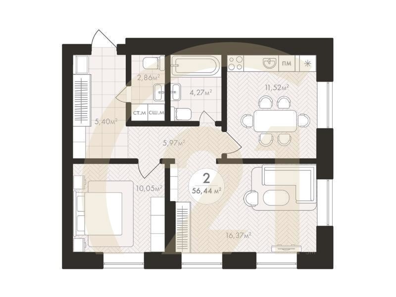2-комн, 56.44 м², 2-7 этаж