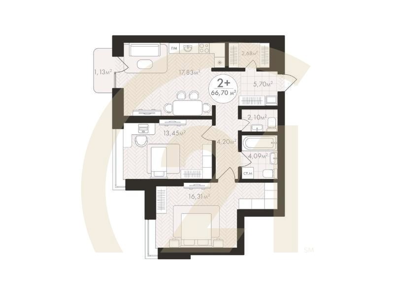 2-комн, 66.7 м², 3 этаж