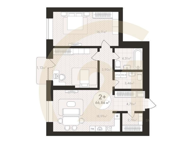 2-комн, 66.86 м², 3-7 этаж