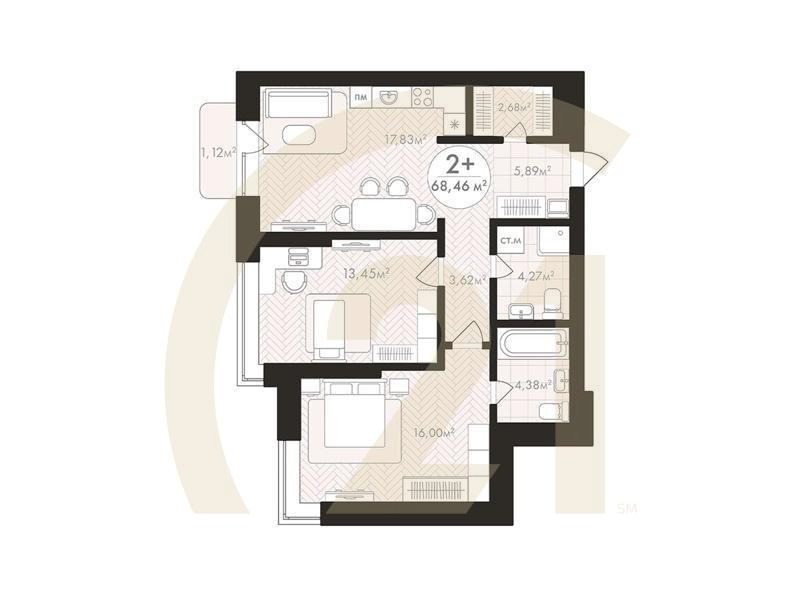 2-комн, 68.46 м², 7 этаж