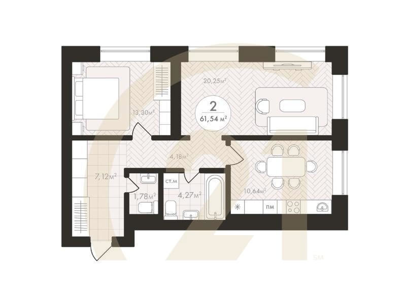 2-комн, 61.54 м², 7-23 этаж