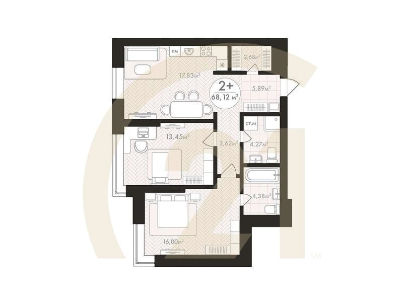 2-комн, 68.12 м², 8 этаж
