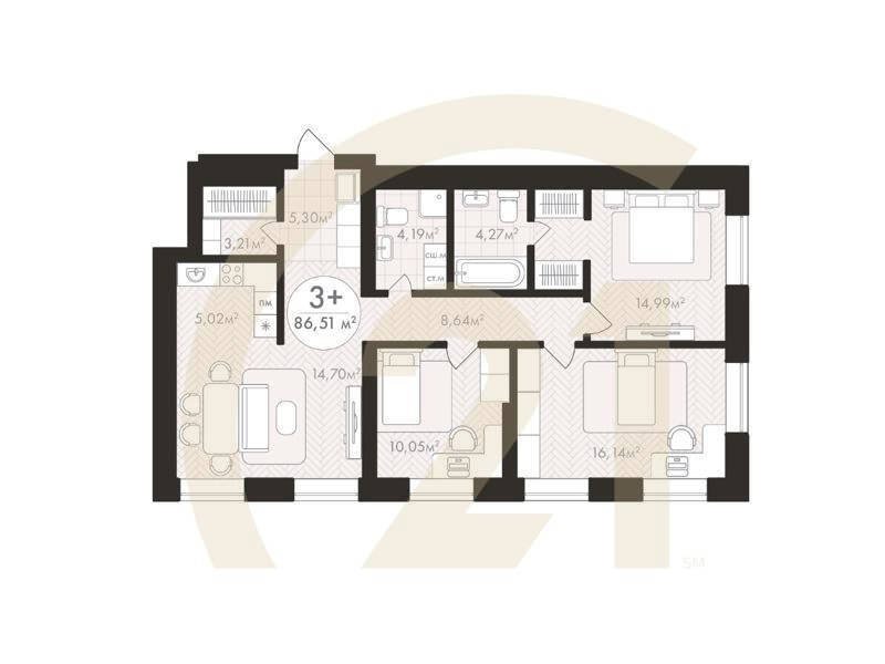 3-комн, 86.51 м², 11-22 этаж