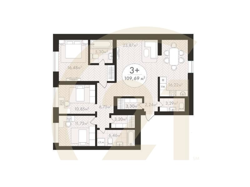 3-комн, 109.69 м², 24 этаж