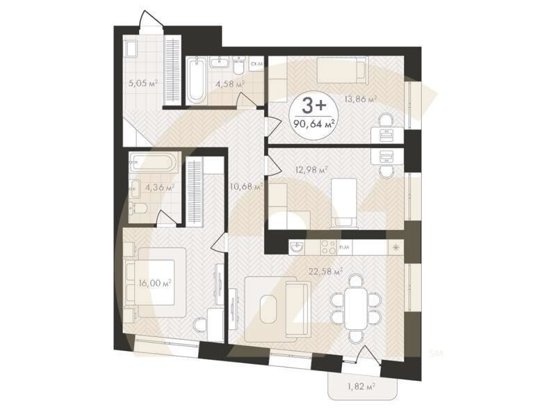 3-комн, 90.64 м², 4-7 этаж