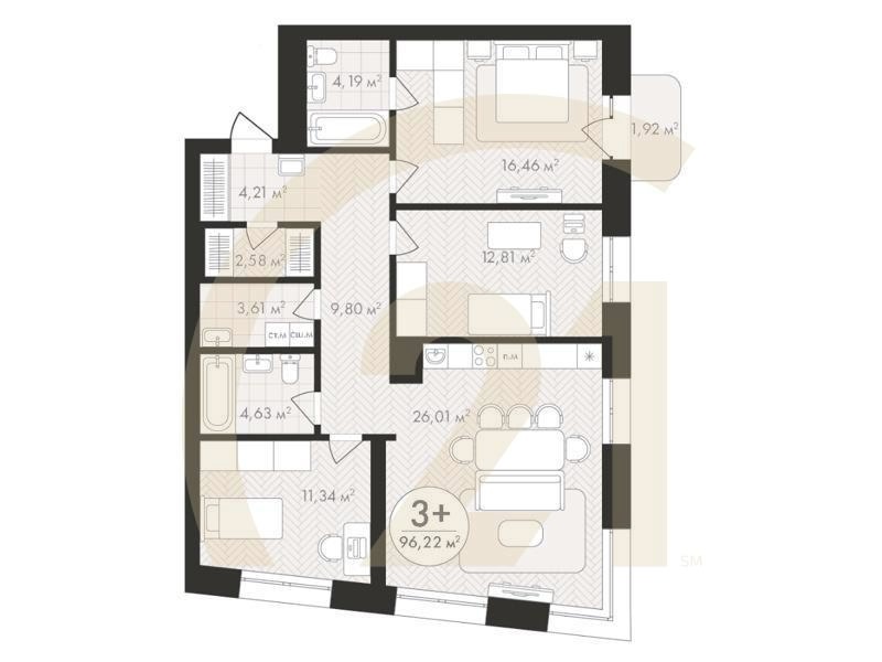 3-комн, 96.22 м², 3-6 этаж