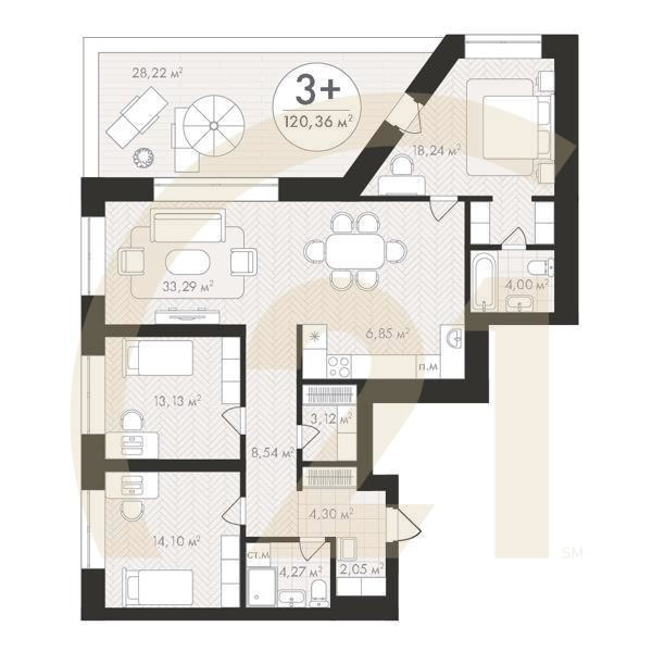 3-комн, 120.36 м², 10 этаж