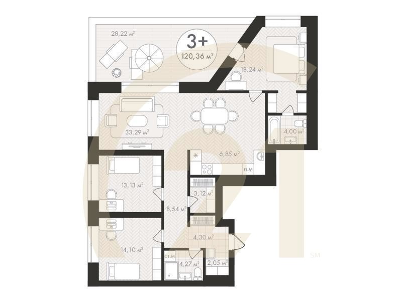 3-комн, 120.36 м², 10 этаж