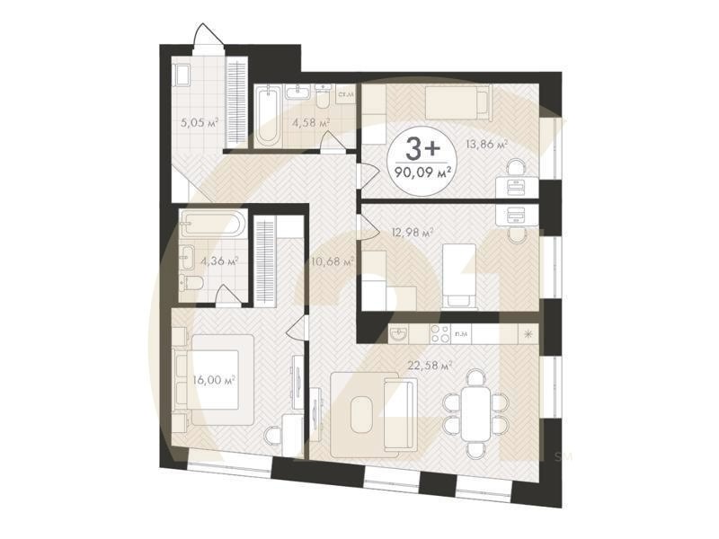 3-комн, 90.09 м², 12-14 этаж