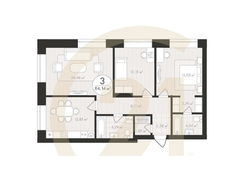 3-комн, 84.14 м², 5-9 этаж