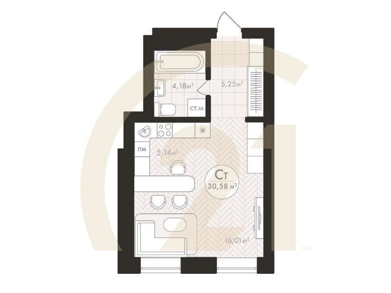 Студия, 30.58 м², 2-9 этаж