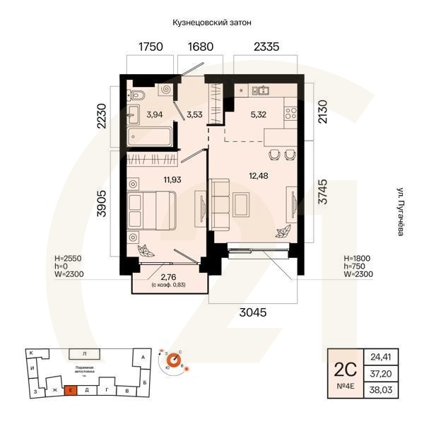 2-комн, 38.03 м², 3 этаж