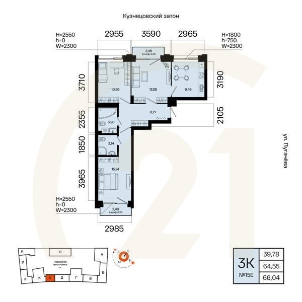 3-комн, 66.04 м², 6 этаж