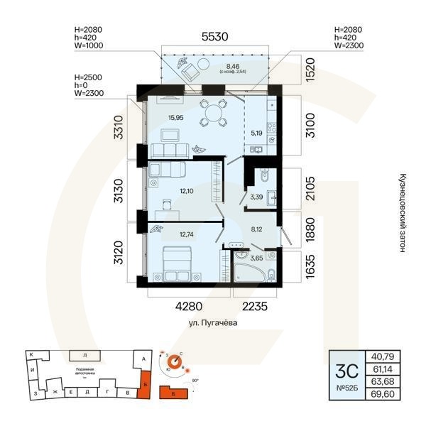 3-комн, 63.68 м², 8 этаж