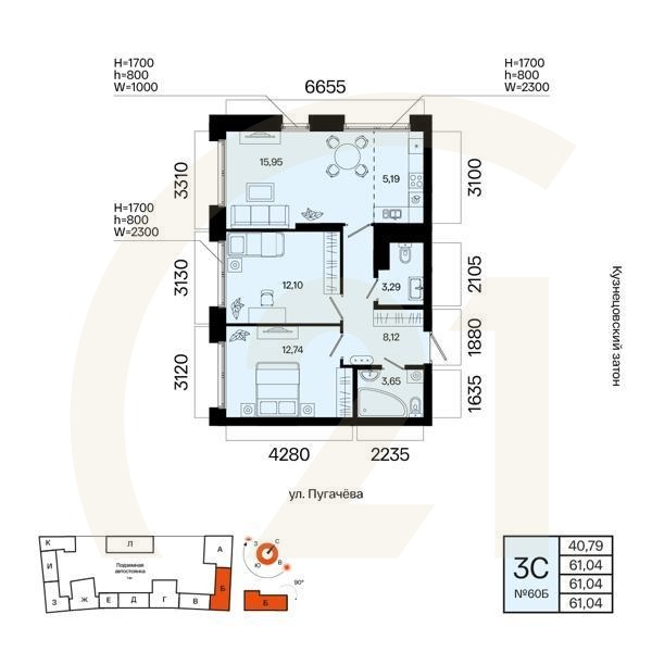 3-комн, 61.04 м², 9 этаж