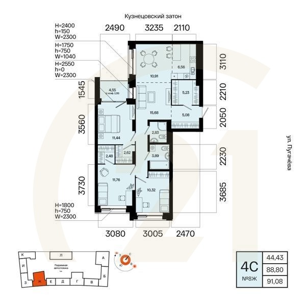 4-комн, 91.08 м², 3 этаж