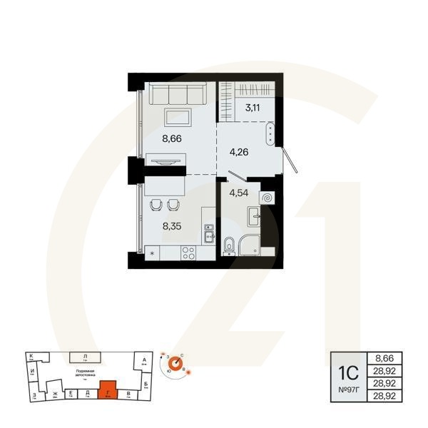 1-комн, 28.92 м², 17-21 этаж