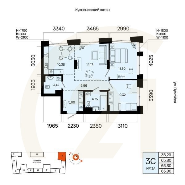 3-комн, 65.8 м², 4 этаж