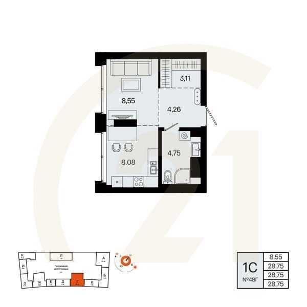 1-комн, 28.75 м², 10-11 этаж
