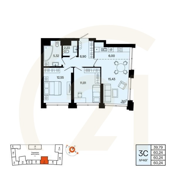 3-комн, 60.24 м², 9-11 этаж