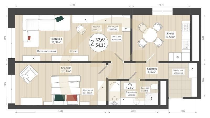 2-комн, 54.35 м², 26-32 этаж