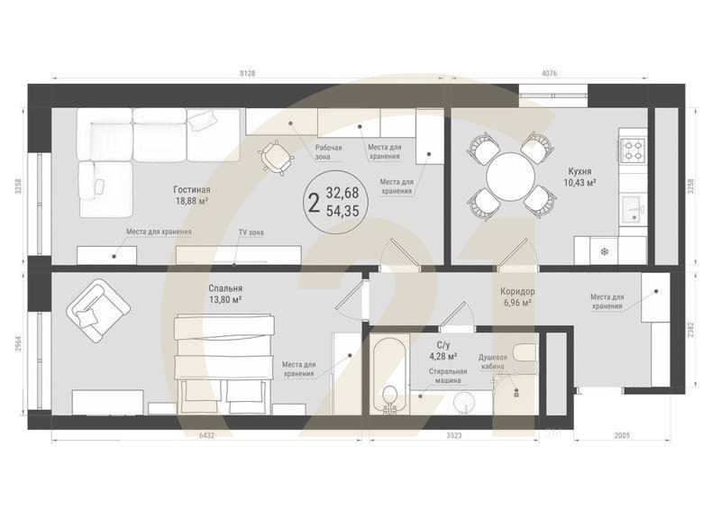 2-комн, 54.35 м², 26-32 этаж
