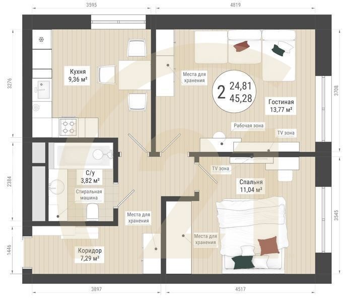 2-комн, 45.28 м², 5-25 этаж