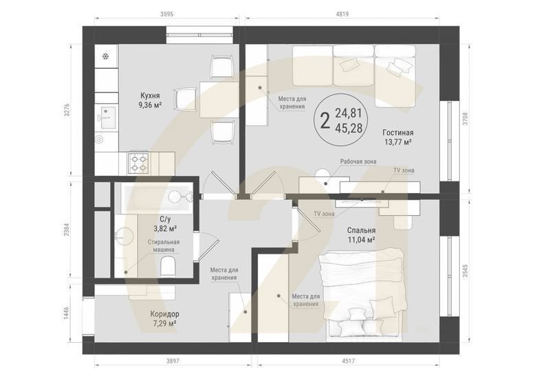 2-комн, 45.28 м², 5-25 этаж