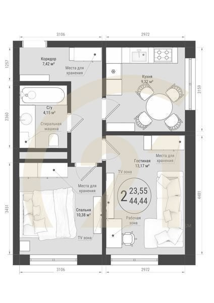 2-комн, 44.44 м², 13-32 этаж