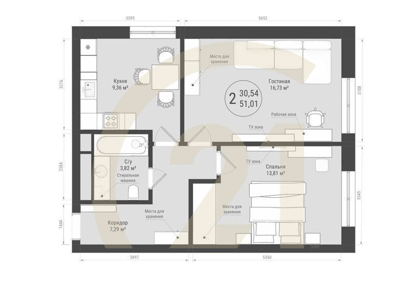 2-комн, 51.01 м², 27-32 этаж