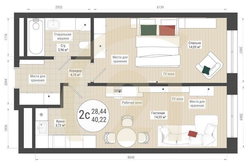 2-комн, 40.22 м², 26-32 этаж